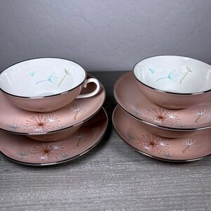 4 Sets Franciscan China Ballet Tea Cup Saucer Pink‎ Dandelion Mid Century MCM